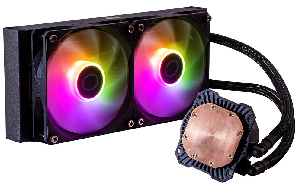 Vodní chladič Cooler Master MasterLiquid ML240L Core ARGB Fotografie vodního chladiče se zapnutými ARGB ventilátory. Dvě hadice a pumpa s měděnou podložkou.