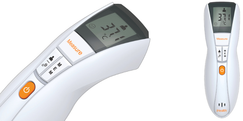 Detail displeje a tlačítek bezkontaktního teploměru iHealth IH-NT13B
