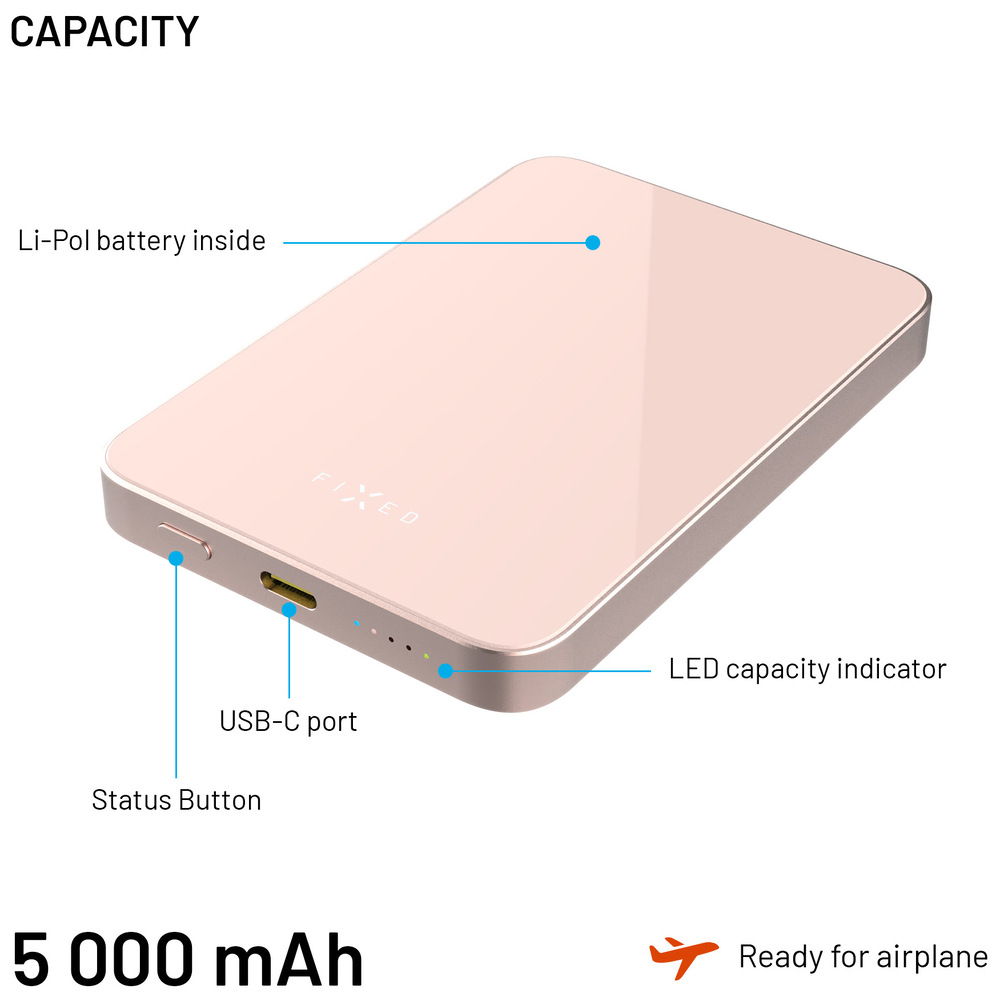 Powerbanka FIXED MagZen 5 Crystal s Qi2 a MagSafe, 5000 mAh růžová