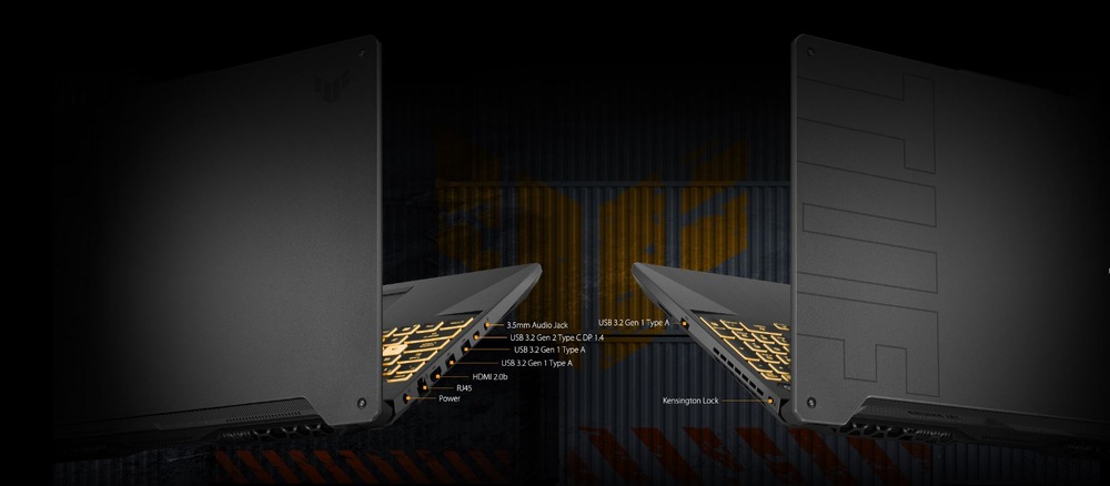 Pohled na dvě strany notebooku s různými porty, jako jsou HDMI a USB, což zdůrazňuje rozšířené možnosti připojení.