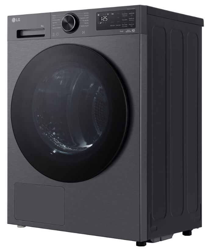 pohled z boku na černou sušičku LG RHX5008TBB, svítí čas 1:25