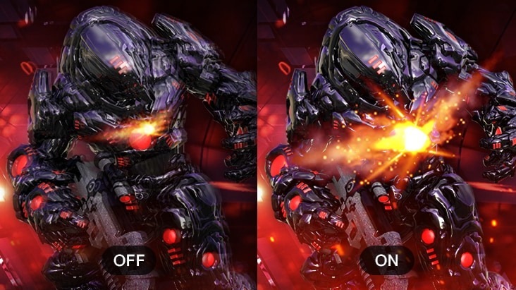 Srovnání funkce Dynamic Action Sync na rozdělené obrazovce. Zatímco ta nalevo s nápisem OFF je rozmazaná, ta s nápisem ON je dokonale ostrá a čistá.