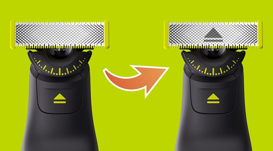 Náhradní hlavice Philips OneBlade QP945/50 stříbrná Ukázka oboustranného břitu náhradní hlavice Philips OneBlade QP945/50, grafické znázornění možnosti holení v obou směrech pro přesnou úpravu vousů.