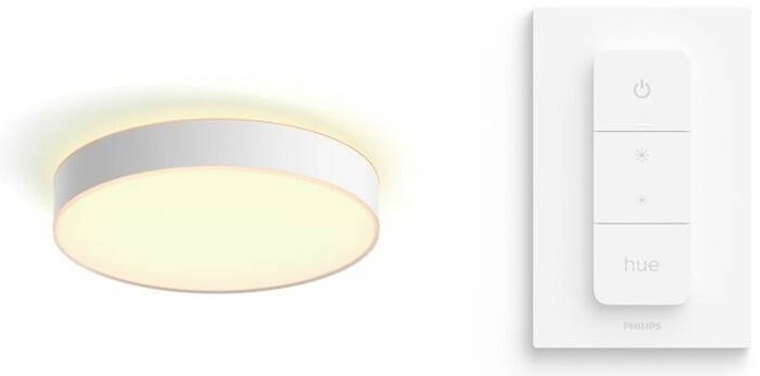 Stropní svítidlo Philips Hue Enrave L v bílé barvě s ovladačem Hue Dimmer Switch V2 na zdi