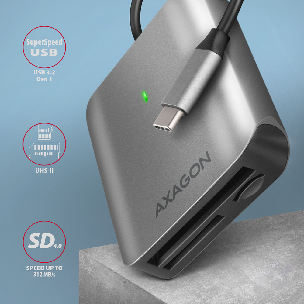 Čtečka paměťových karet Axagon Card Reader USB-C 3.2 Gen 1, 3-slot & lun SD/microSD/CF, UHS-II stříbrná AXAGON CRE-S3C spoléhá na port USB-C