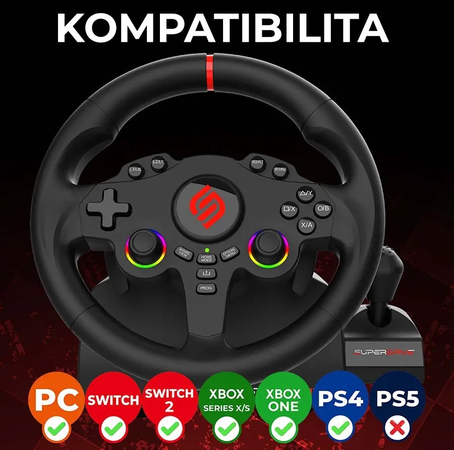 Černý herní volant s barevnými tlačítky a logem uprostřed. Text společně s ikonami a zaškrtávacími políčky PC, Switch, Xbox a PS5 vyjadřuje kompatibilitu s různými herními platformami.