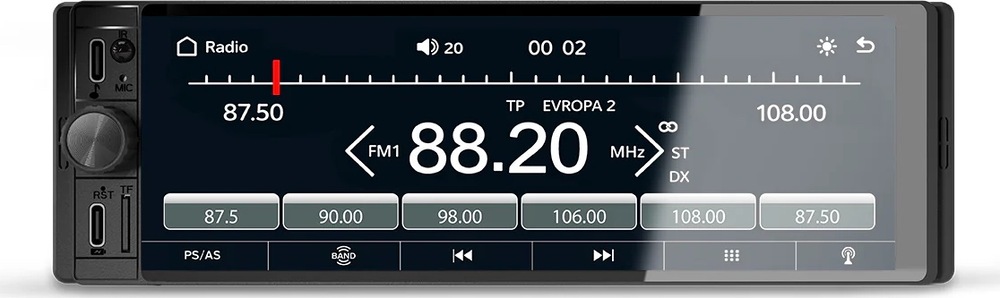 Čelní pohled na autorádio NAVITEL RD10. Dotykový displej zobrazuje FM tuner se stanicí Evropa 2 naladěnou na 88,20 MHz, stupnici frekvencí a šest tlačítek předvoleb. Vlevo jsou otočný ovladač, mikrofon, porty USB a slot pro microSD kartu.