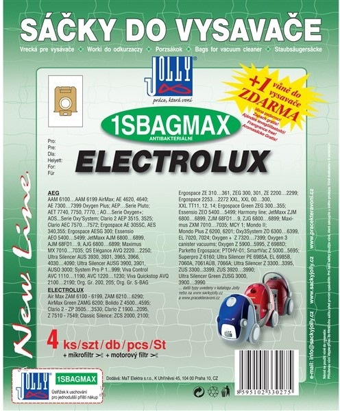 Sáčky do vysavače Jolly MAX 1 SBAG (4+1+1ks) pro vysavače Philips, Electrolux, Tornado, Volta a AEG