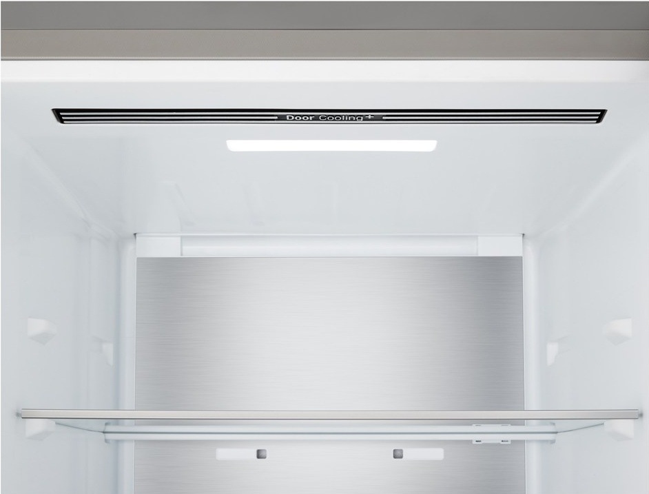 Chladnička s mrazničkou LG GBBS525APY nerez Detail systému Door Cooling+ v horní části chladničky LG s LED osvětlením.