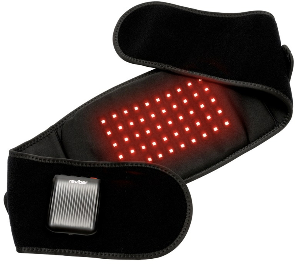 Černý masážní přístroj Reviber Zen Physio LED na bedra s rozsvícenými LED diodami