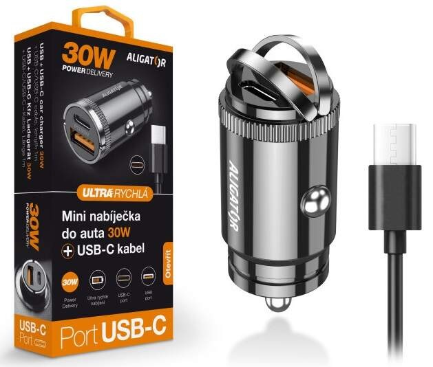 Adaptér do auta Aligator CHPD0007, PD 30W, 1xUSB, 1xUSB-C + kabel USB-C černý Adaptér do auta Aligator CHPD0007, PD 30W, 1xUSB, 1xUSB-C + kabel USB-C černý