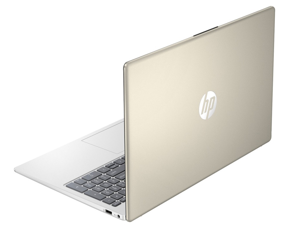 Notebook HP 15-fd1613nc + Game Pass předplatné na 3 měsíce stříbrný/zlatý Notebook HP 15-fd1600nc otevřený a otočený zezadu