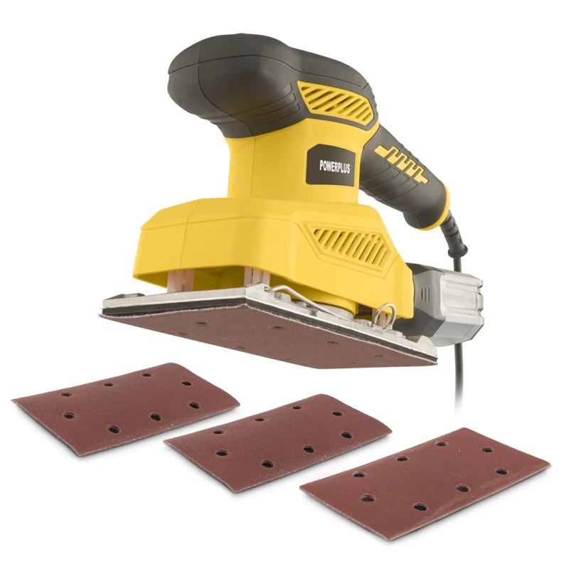 Vibrační bruska POWERPLUS POWX04010, žlutá barva.