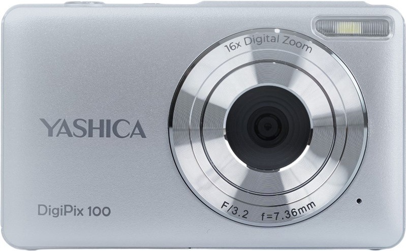 Digitální fotoaparát Yashica DigiPix 100 stříbrný Pohled na přední stranu kompaktního fotoaparátu DigiPix 100 s 33mm objektivem