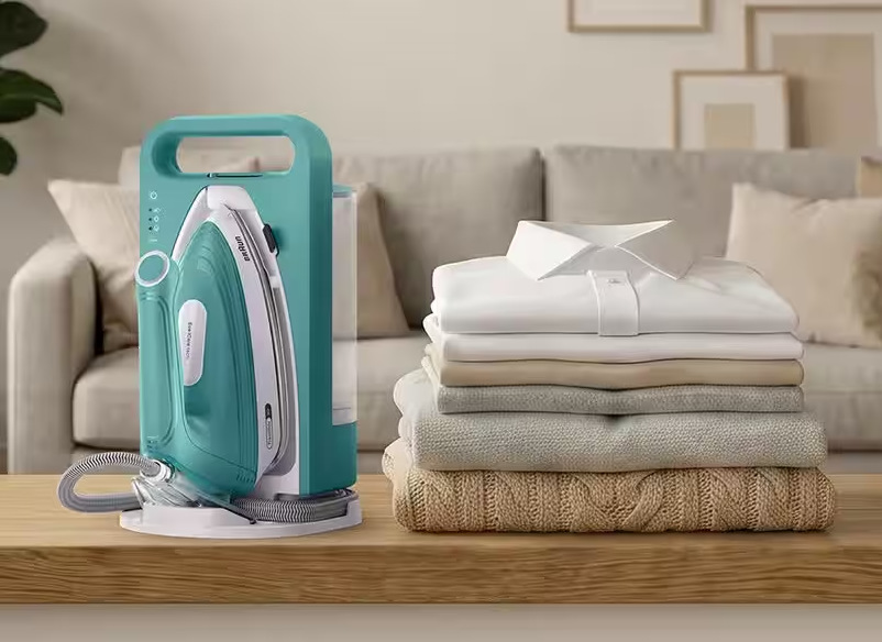 Žehlicí systém Braun Upstyle 2 IS2745.BL modrý Poskládané vyžehlené oblečení a vedle něj parní generátor Braun IS2735.GR Upstyle 2