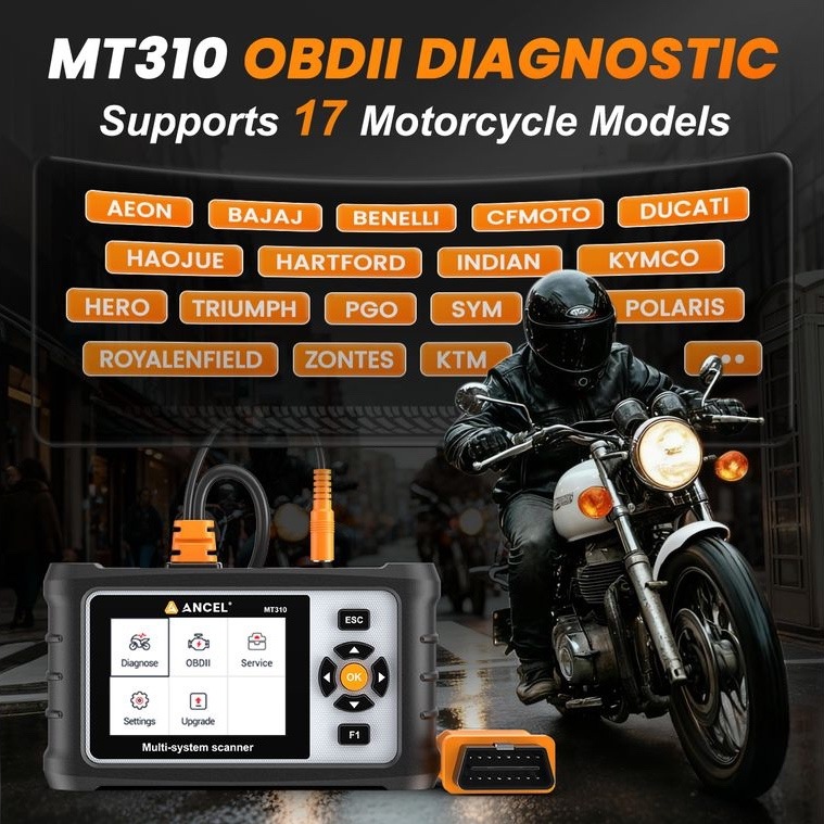 Diagnostika vozu Ancel MT310 černá Propagační obrázek diagnostiky Ancel MT310 s motocyklistou, přístrojem a OBD konektorem. V pozadí je seznam podporovaných značek motocyklů.