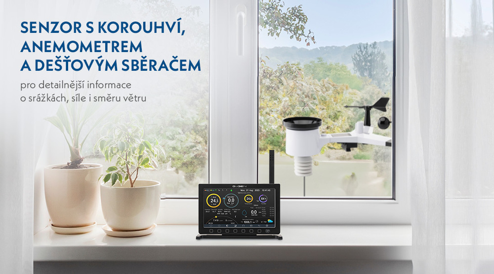Produktová grafika zobrazující meteostanici GoGEN ME 7900 na okenním parapetu a venkovní senzor umístěný za oknem. Text v obrázku upozorňuje na dešťový sběrač, anemometr pro sílu větru a korouhev pro směr větru, které poskytují detailní informace o srážkách a proudění vzduchu