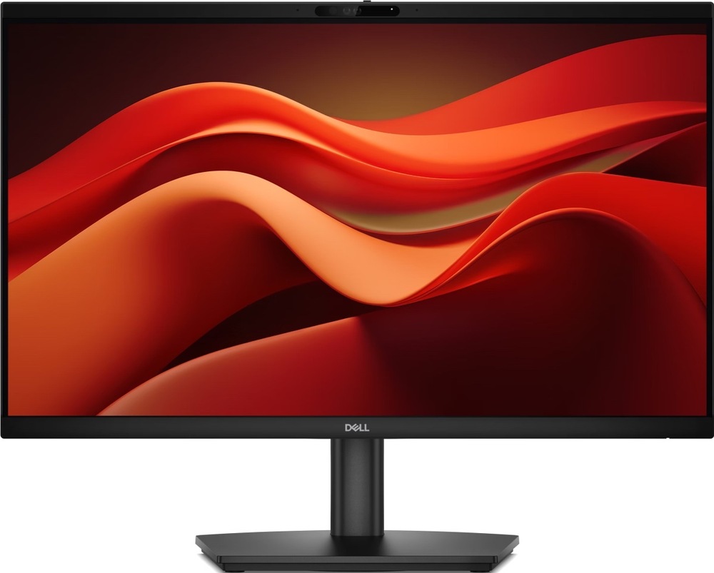 Monitor Dell zepředu v černém provedení s tenkými rámečky, centrální webkamerou a výškově nastavitelným stojanem.