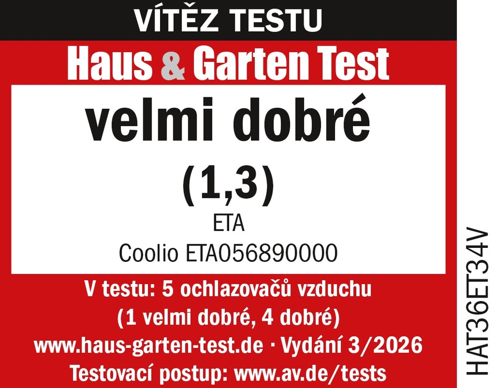 Certifikát a štítek Vítěz testu německého magazínu Haus & Garten Test pro mobilní ochlazovač vzduchu ETA Coolio ETA056890000. Výsledná známka velmi dobré (1,3) v testu 5 ochlazovačů vzduchu z vydání 3/2026