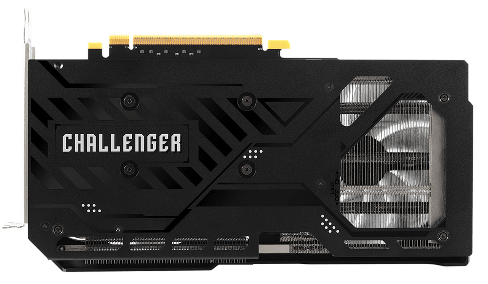 Grafická karta ASRock Intel Arc B580 Challenger 12G OC černý Pohled shora na zadní část grafické karty s viditelnou mřížkou a částečně i ventilátorem.