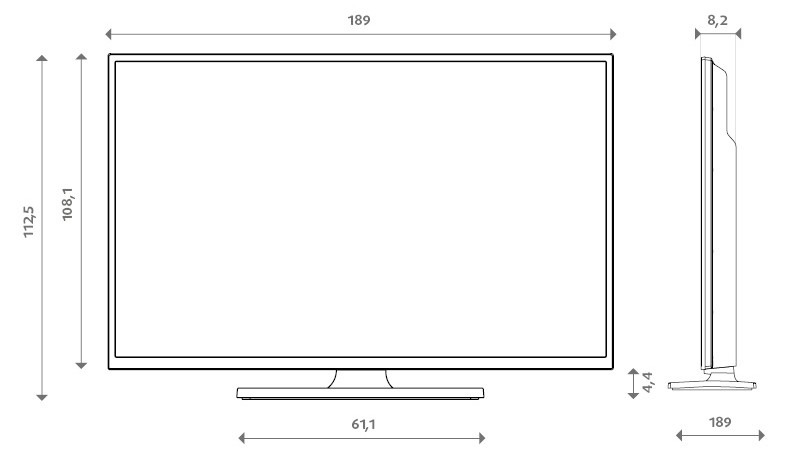 Televize Blaupunkt 85MCG8000S Nákres televize i s rozměry.