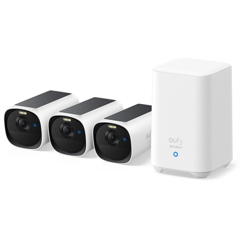 Sada obsahuje tři IP kamery Anker eufy E40 a centrální jednotku HomeBase 2