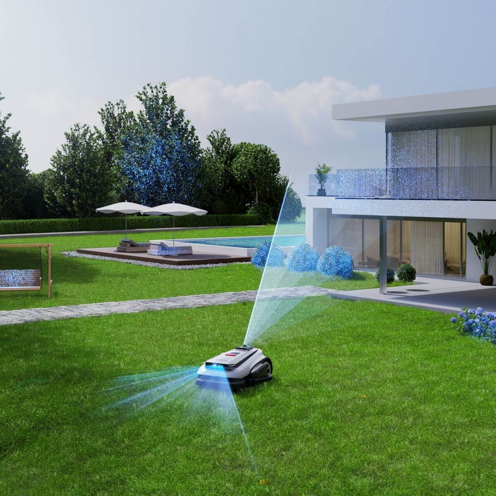 Robotická sekačka Ecovacs A1600 LiDAR PRO – automatické sekání trávníku na zahradě s moderním domem