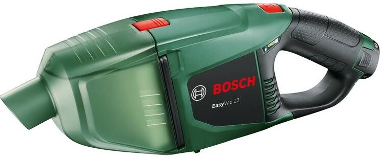 Detail ručního vysavače Bosch EasyVac 12 s ergonomickou rukojetí a průhlednou nádobou