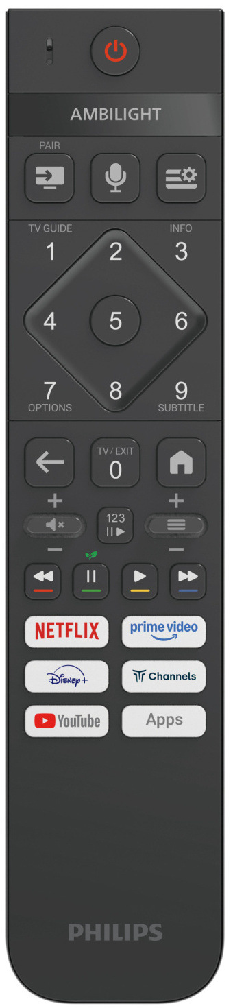 Televize Philips 65OLED911 Detail dálkového ovladače televize Philips s tlačítky pro Netflix, Disney+ a Prime Video.