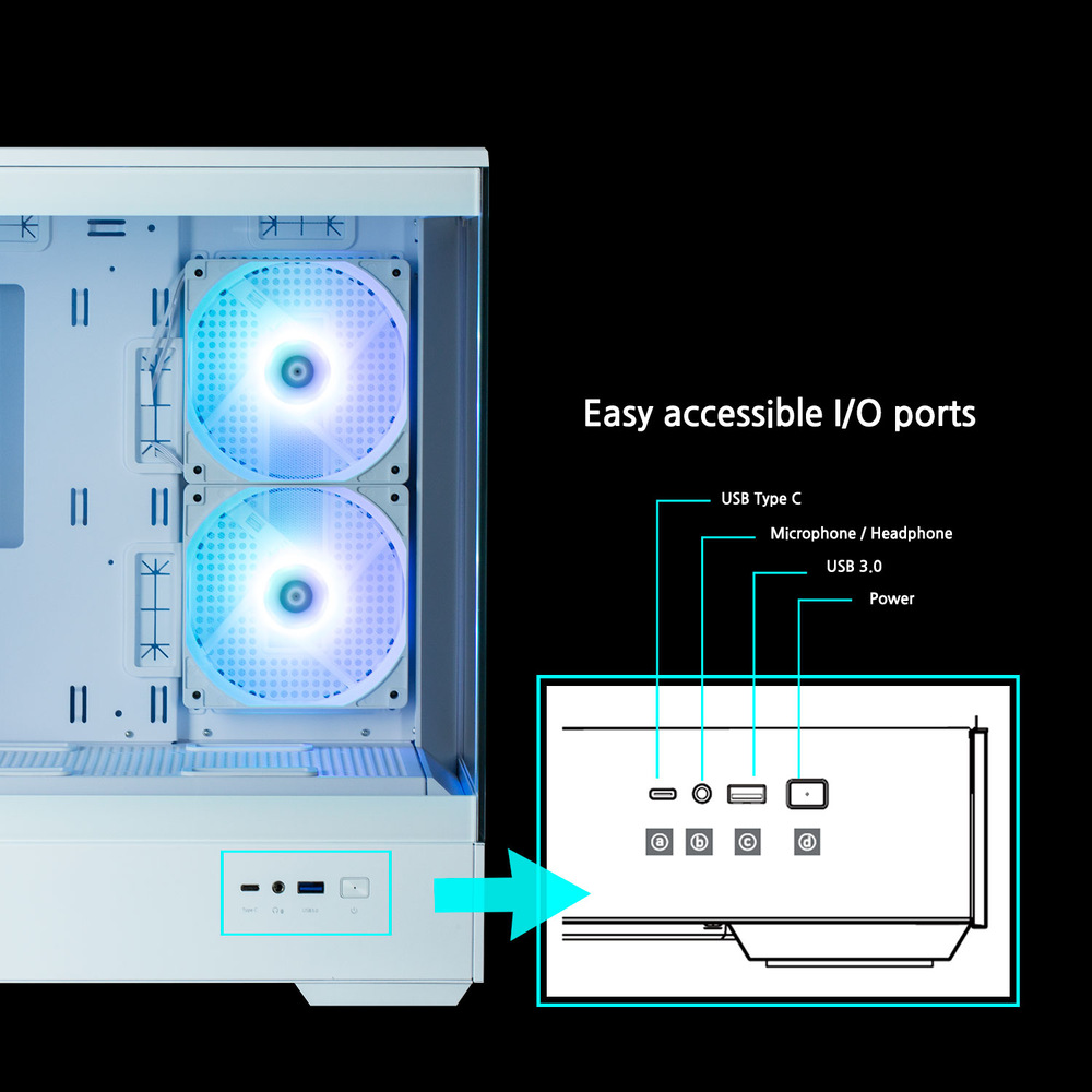 Case Zalman P30 White V2 bílá Bílá počítačová skříň se dvěma modře podsvícenými chladicími ventilátory. Diagram znázorňuje porty na předním panelu: USB typu C, mikrofon/sluchátka, USB 3.0 a napájení.