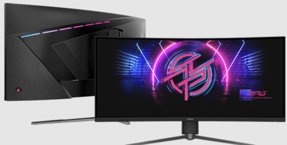 Herní monitor MSI MPG 346CQRF X24 34" zepředu a zezadu s osvětlením Mystic Light