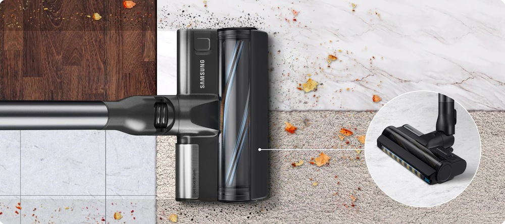 Tyčový vysavač Samsung BESPOKE Jet pet VS20A95823W/GE bílý Tyčový vysavač Samsung BESPOKE Jet pet VS20A95823W/GE s kartáčkem Jet Dual Brush vysává čtyři druhy podlah vedle sebe, v kolečku je detail nástavce