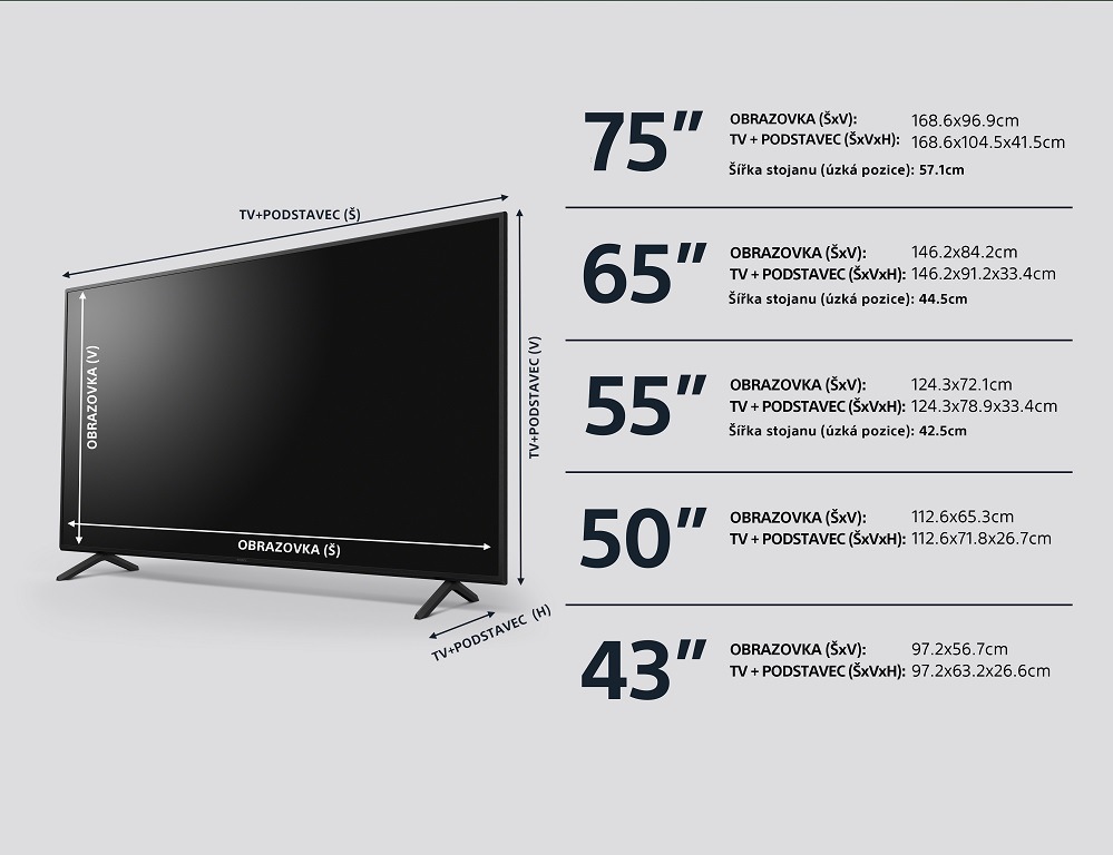 Televize Sony KD-55X75WL Televize Sony KD-55X75WL, rozměry jednotlivých modelů