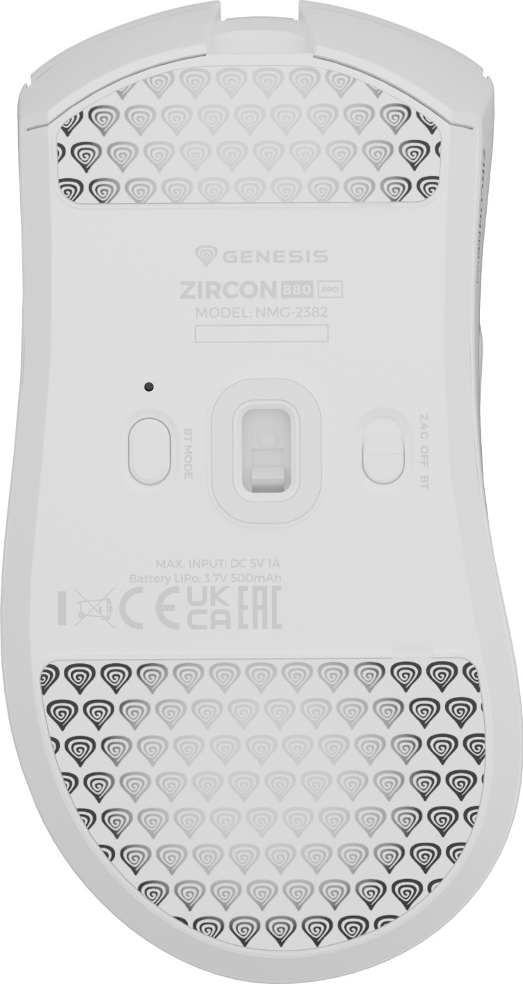 Myš Genesis Zircon 880 PRO bílá Spodní strana bílé myši Genesis Zircon 880 PRO s optickým senzorem uprostřed, tlačítkem režimu Bluetooth a přepínačem mezi 2,4 GHz, vypnutím a Bluetooth. Nahoře a dole jsou velké skleněné kluzáky.