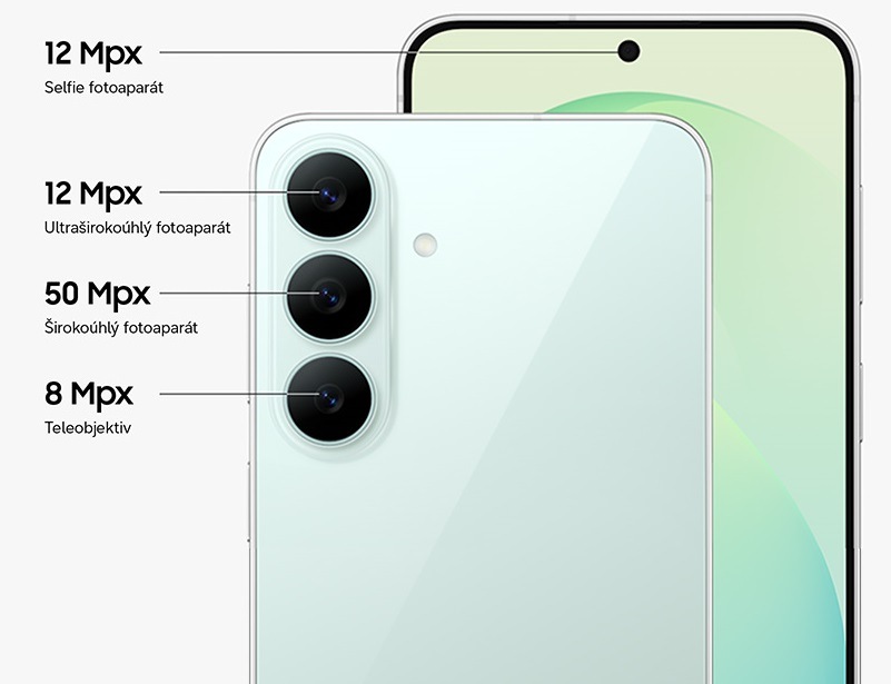 Detail zadních fotoaparátů mobilního telefonu Samsung Galaxy S26 FE 5G s uvedeným rozlišením jednotlivých snímačů