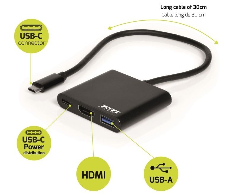 USB Hub PORT CONNECT USB-C/HDMI, USB 3.0, USB-C 60W černý