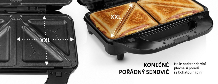 Sendvičovač ETA Sorento s nadstandardní XXL pečicí plochou a připravenými zapékanými toasty s bohatou náplní.