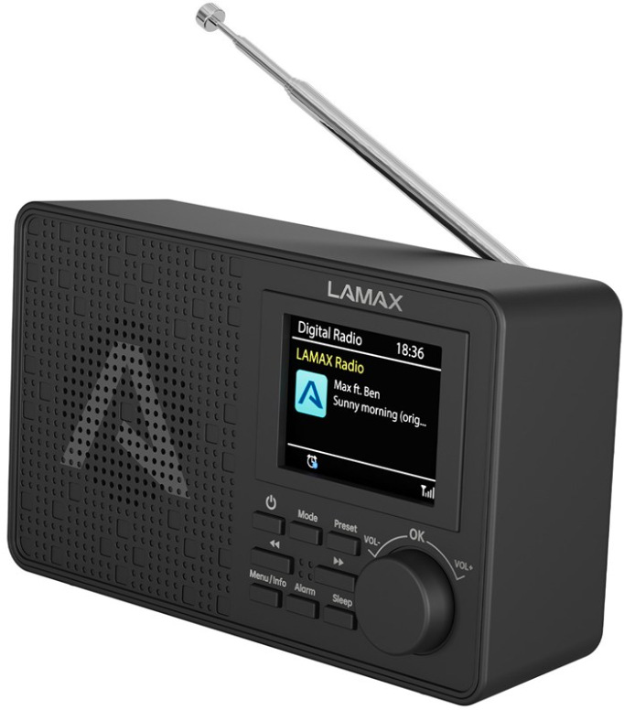 Radiopřijímač DAB+ LAMAX RadioVox1 DAB v černém provedení s barevným TFT displejem a teleskopickou anténou