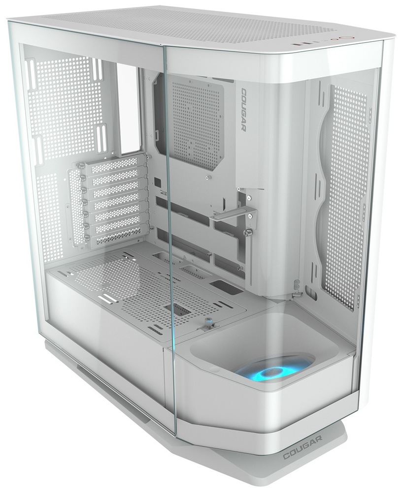 Počítačová skříň Cougar FV270 s úhlovým umístěním ventilátorů, bílá barva