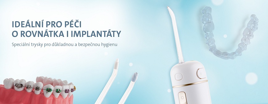 Produktová grafika ústní sprchy ETA Aqua Care Compact s textem: Ideální pro péči o rovnátka i implantáty – Speciální trysky pro důkladnou a bezpečnou hygienu. Na obrázku je vidět tělo přístroje, tři různé trysky a zuby s rovnátky.