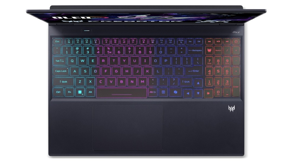 Notebook Acer Predator Helios Neo 16S AI (PHN16S-I51-94NV) černý Pohled shora na klávesnici notebooku Acer Predator Helios Neo 16S AI