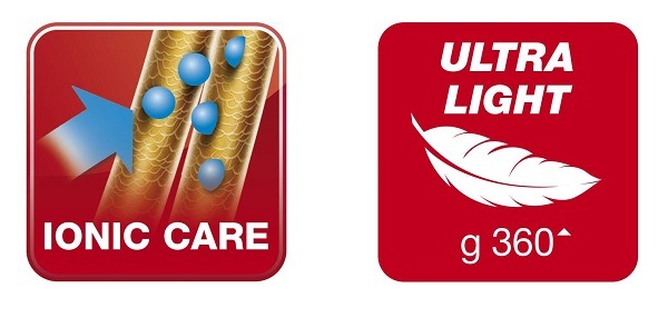 Ikona Ionic Care pro péči o vlasy s modrými ionty a ikona pro Ultra Light - ultra lehkou váhu 360 gramů se symbolem pírka