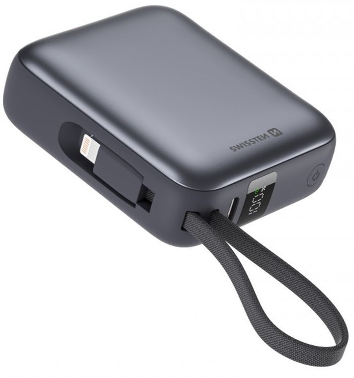Powerbanka Swissten s integrovanými kabely USB-C a Lightning, 10000 mAh stříbrná