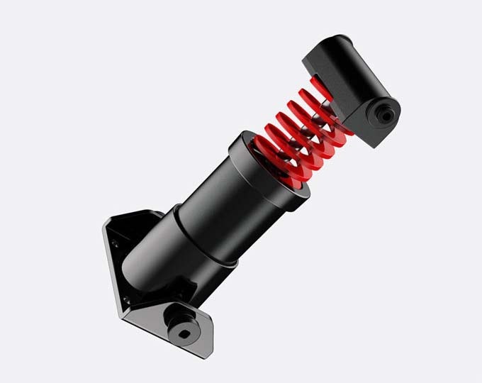 Výkonnostní sada pro pedály Moza Racing SR-P Lite hliník Na světle šedém pozadí vyniká černý a červený mechanický tlumič nárazů, který dává vyniknout své robustní válcové konstrukci a vinuté pružině.