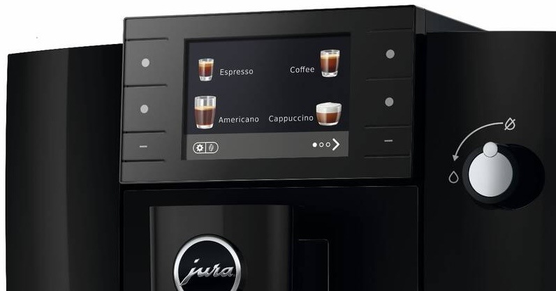 Automatický kávovar Jura E6 Piano Black (ED) černý Detail barevného 3,5" displeje kávovaru Jura s nabídkou nápojů a ovládacími tlačítky