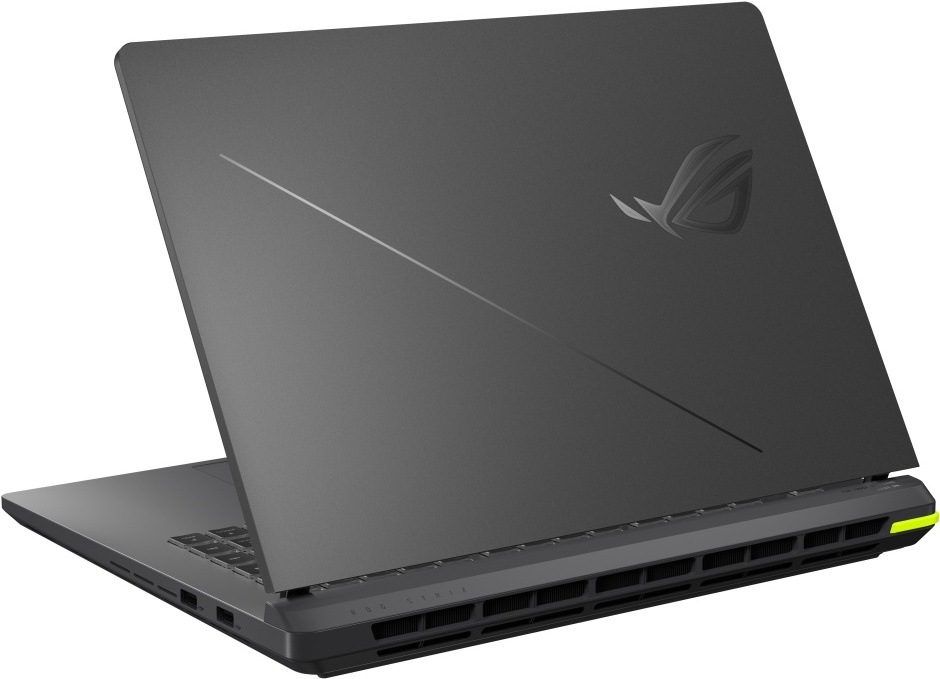 Zadní pohled na notebook ASUS ROG Strix G16 s výrazným logem ROG a chlazením
