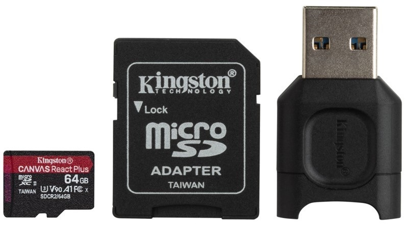 Paměťová karta Kingston Canvas React Plus MicroSDXC 64GB UHS-II U3 (285R/165W) + adaptér + čtečka