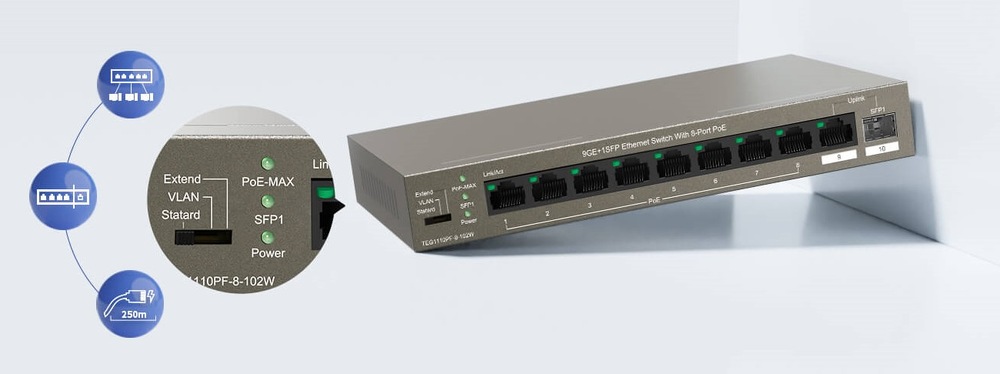 Switch Tenda TEG1110PF-8-102W šedá