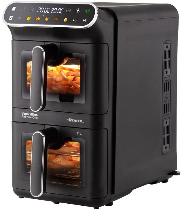 Horkovzdušná fritéza Ariete VerticalDuo AirFryer+Grill s průhledovými okénky a připravovaným jídlem v obou komorách.