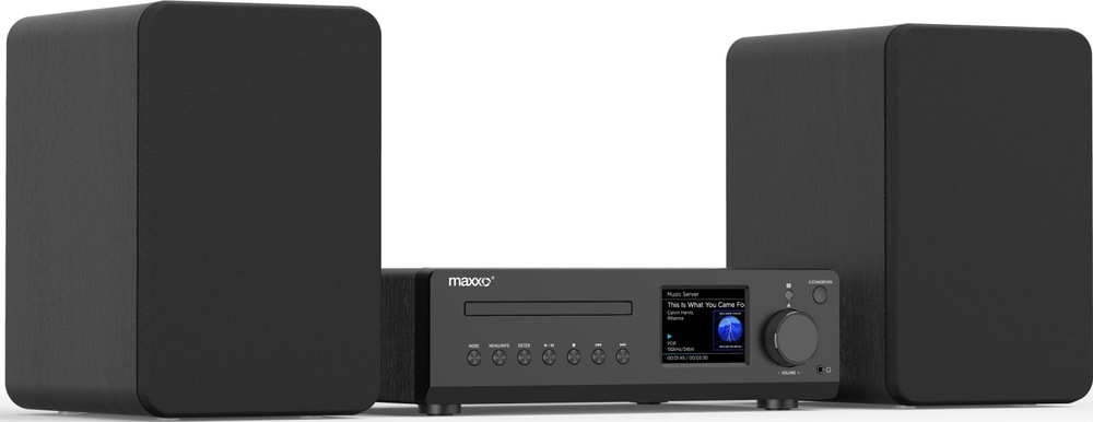 Čelní pohled na černý mikrosystém Maxxo MS100W se dvěma reproduktory, CD mechanikou, barevným displejem, ovládacími tlačítky a regulátorem hlasitosti.